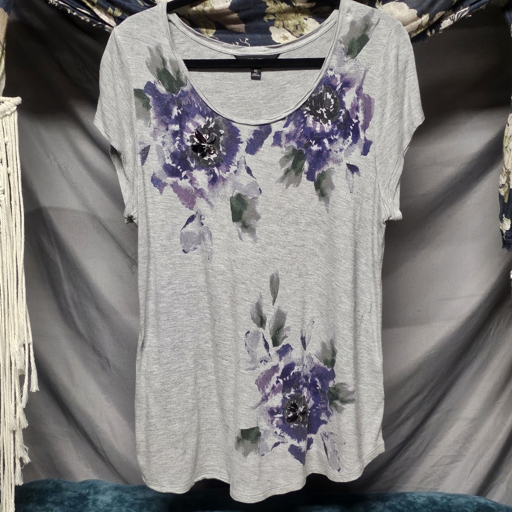 Simply Vera Vera Wang Gray & Purple Floral Gem Embellished Blouse size XL